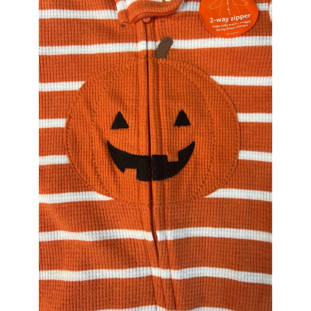 Carter's‎ Halloween Pumpkin Striped Thermal Footed Sleeper Pajamas Baby 3M NWT